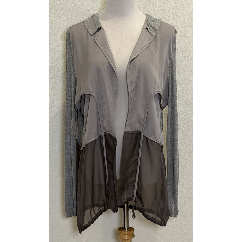 John Mark XL Gray Mixed Media Open Front Cardigan Chiffon Hem Layered Sweater